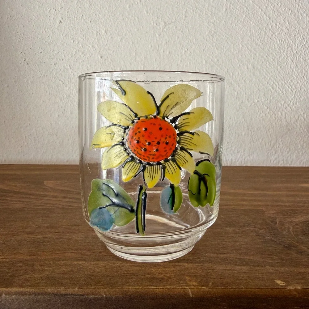 Hand Painted Sunflower Drinking Glass Tumbler Clear Glass Floral Juice Cup 3